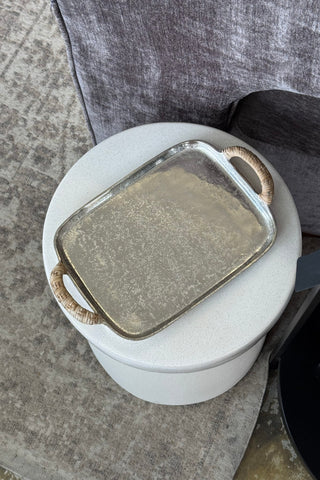 Nickel Plated Aluminium Tray with Natural Rattan Handles