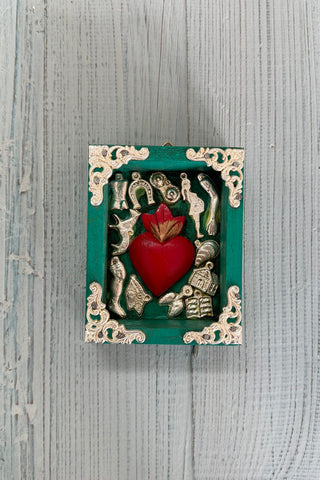Framed Turquoise Heart with Milagros