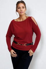 PAULA RYAN Cold Shoulder Batwing Top Merino - Red
