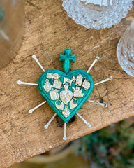 Turqoise Wooden Heart with Milagros