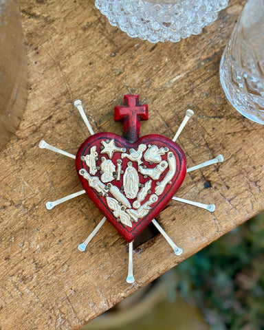 Red Wooden Heart with Milagros