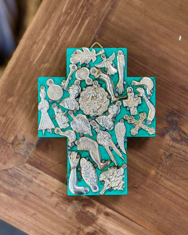 Wide Turqoise Cross with Milagros