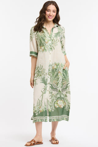 URBAN LUXURY Printed Linen Dress - Cream & Green