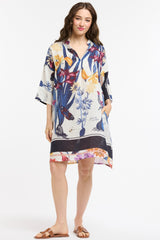 URBAN LUXURY Linen Flowers Dress - Blue