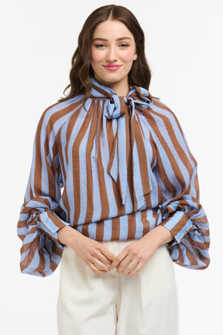 URBAN LUXURY Striped Bow Neck Blouse - Blue