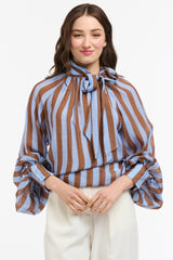 URBAN LUXURY Striped Bow Neck Blouse - Blue