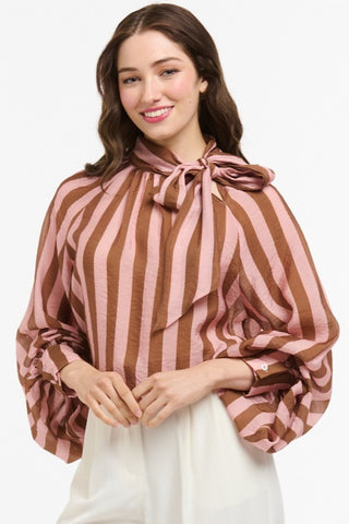 URBAN LUXURY Striped Bow Neck Blouse - Brown