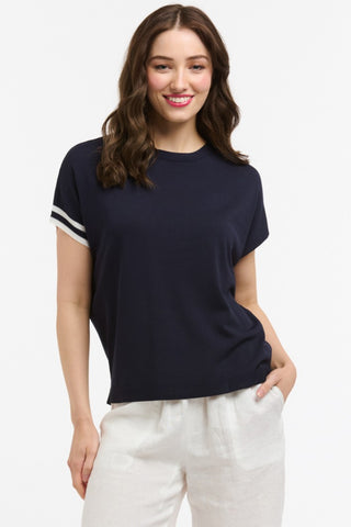 URBAN LUXURY Knit Top with Stripe Cuffs - Navy