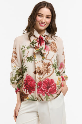 URBAN LUXURY Flowers Bow Neck Shirt - Beige