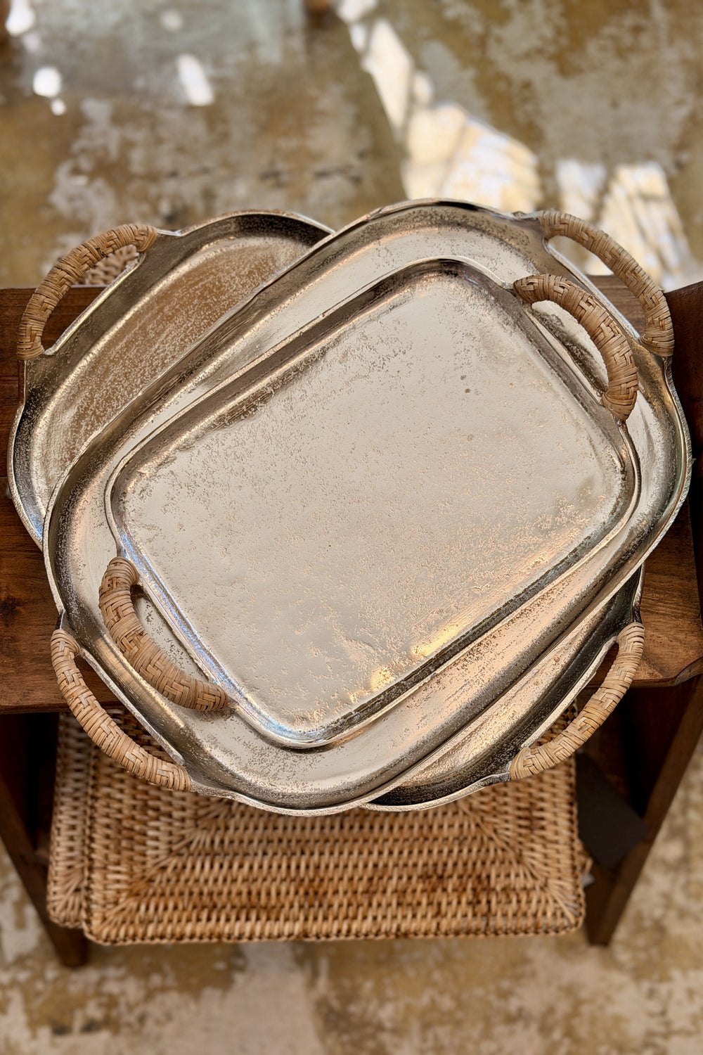 Nickel Plated Aluminium Tray with Natural Rattan Handles - Small