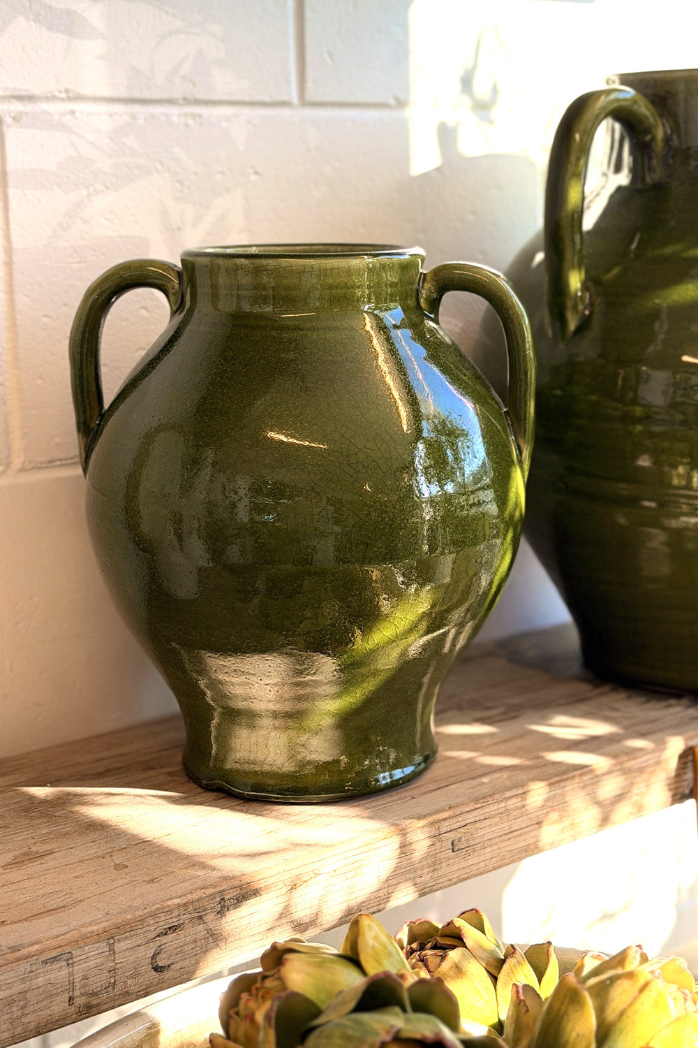 Olive Green Twin Handle Vase - Small