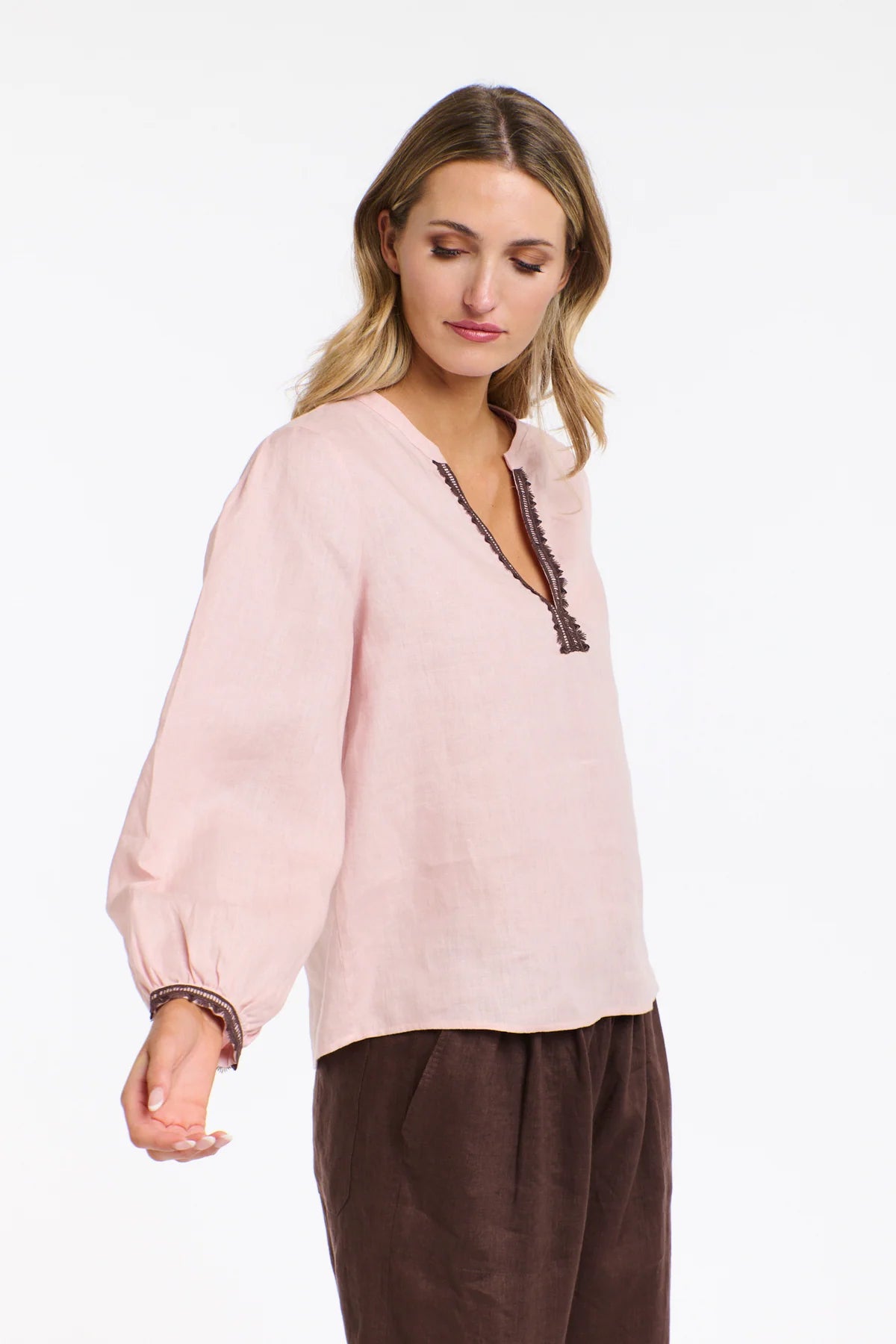 365 DAYS Anika Embroidered Linen Top - Dusty Pink/Choc - Magpie Style