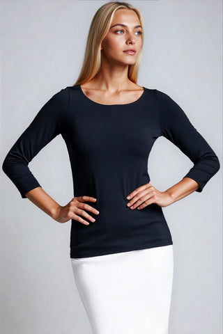 PAULA RYAN Slim Fit 3/4 Sleeve Wide Neck Top - Eco Vero Navy