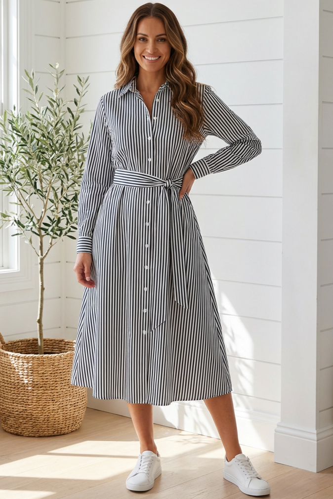 LEONI Lika Shirt Dress - Navy Stripe - Magpie Style