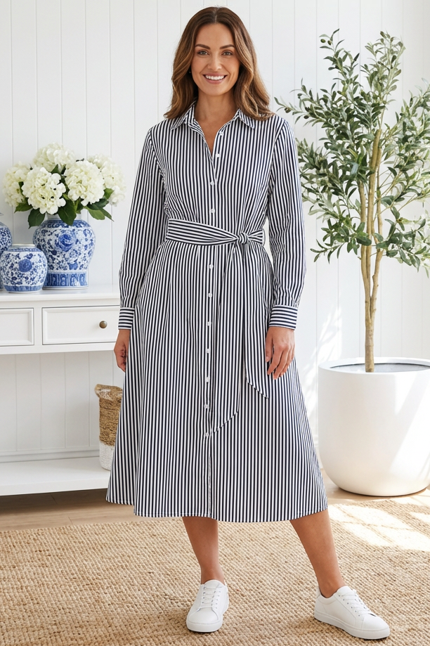 LEONI Lika Shirt Dress - Navy Stripe - Magpie Style