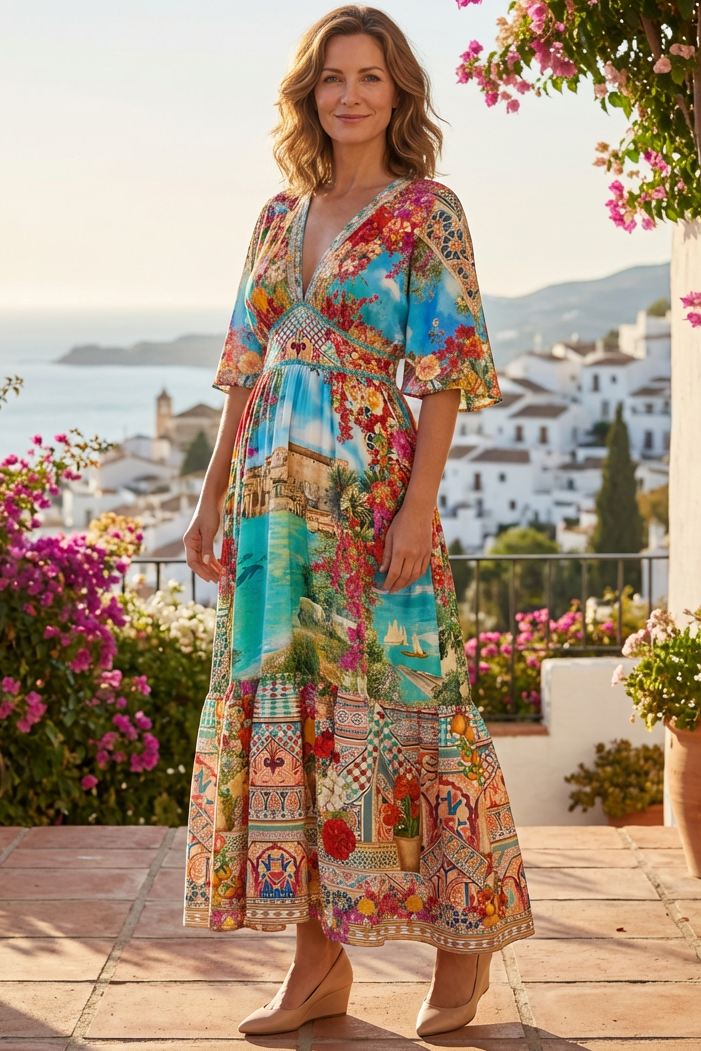 CAMILLA Waisted Dress with Hem Ruffle - Meet Me In Mallorca - Magpie Style