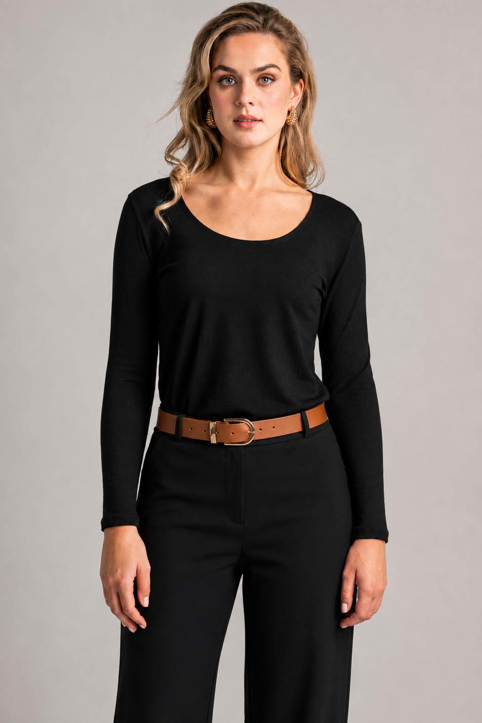 PAULA RYAN Easy Fit Scoop Neck Top -Black  Merino