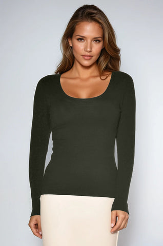 PAULA RYAN Easy Fit Scoop Neck Top - Khaki Merino