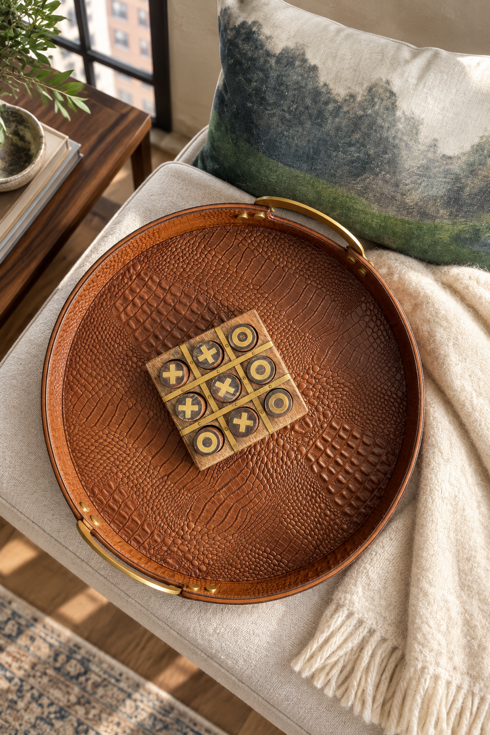 Croc Leather Round Tray with Brass Handles