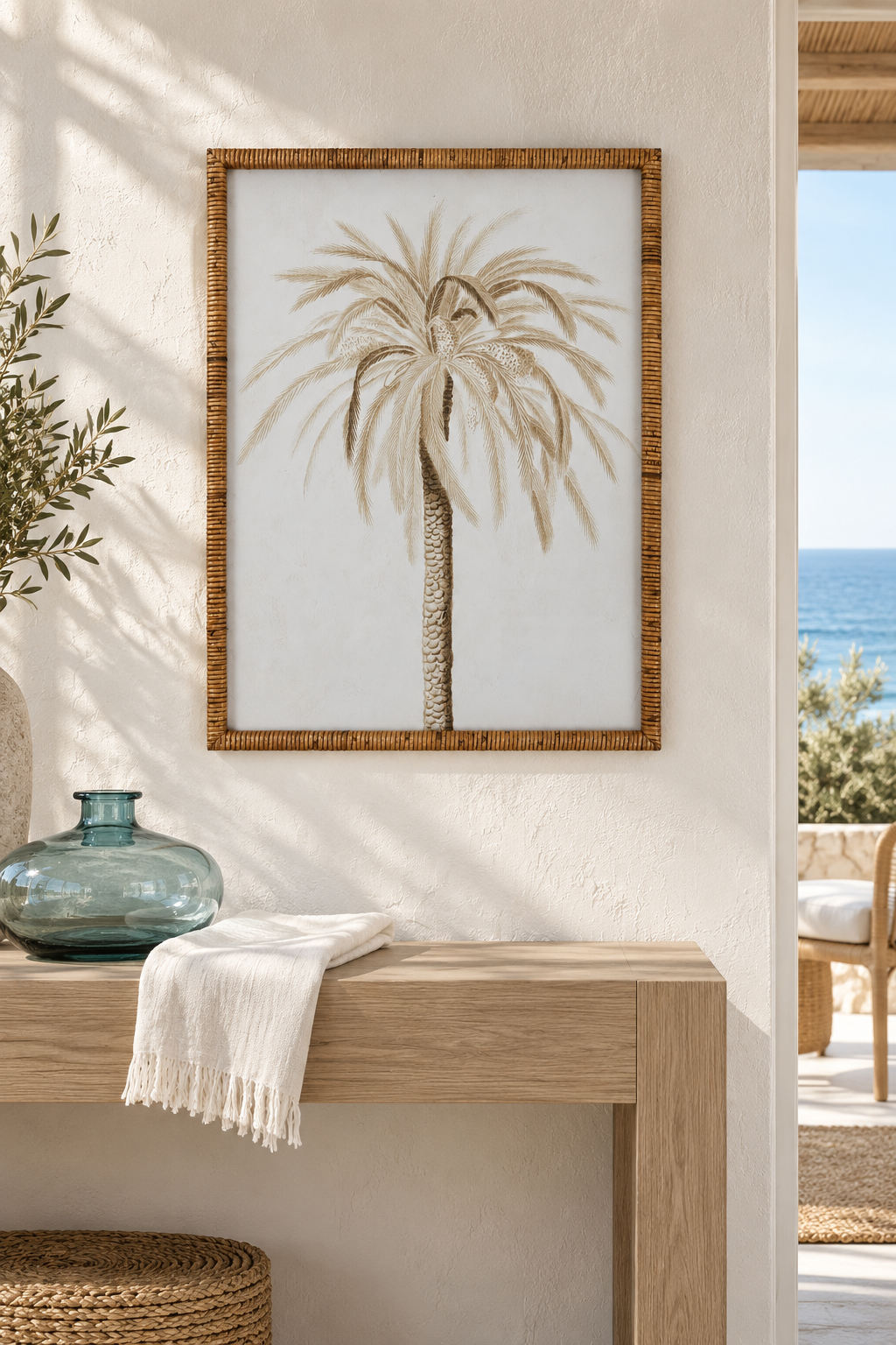 Palm Study wall art styled in a refined sunlit coastal interior