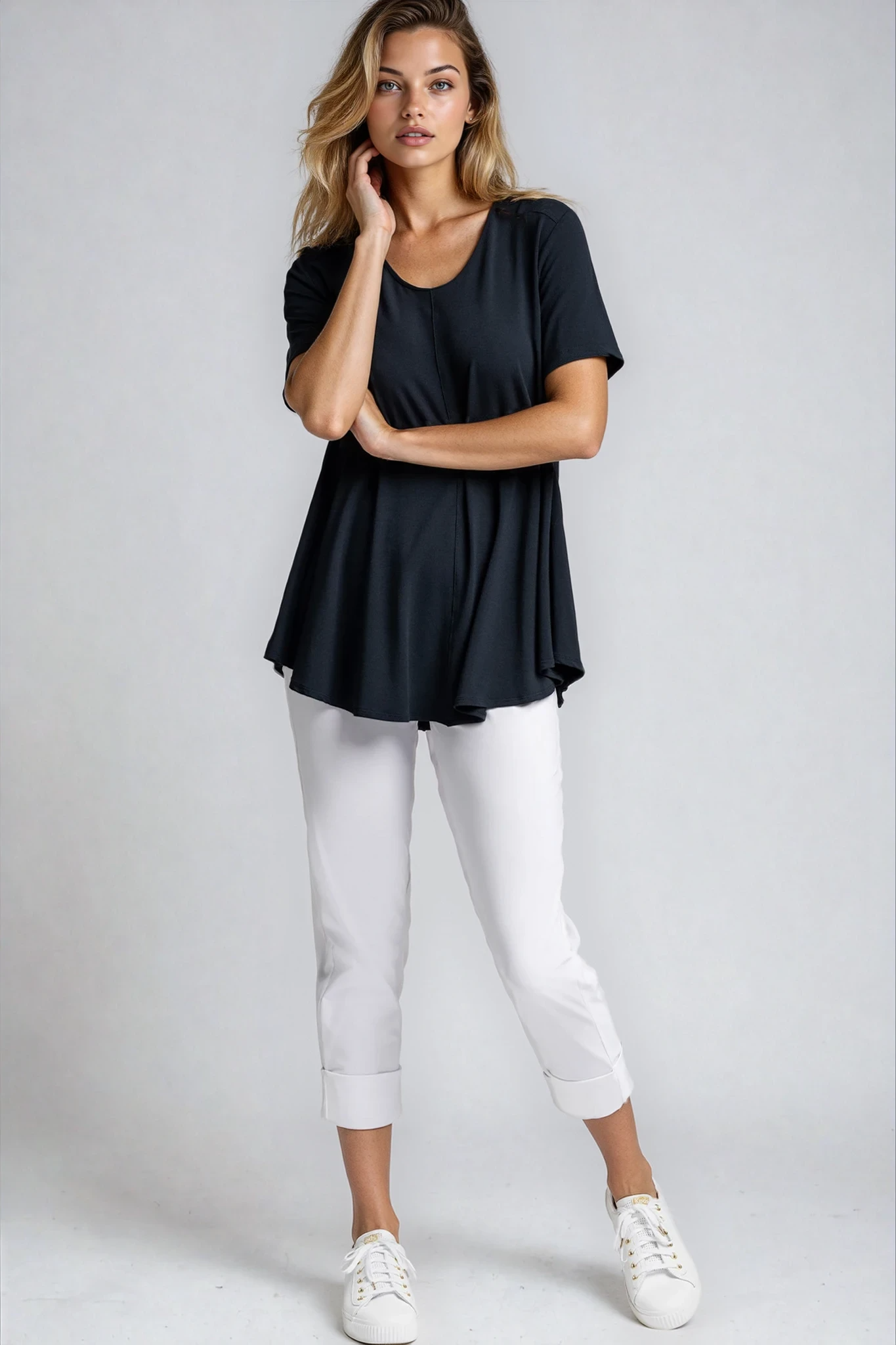 PAULA RYAN Wide Cuff Capri Pant - Microjersey White - Paula Ryan