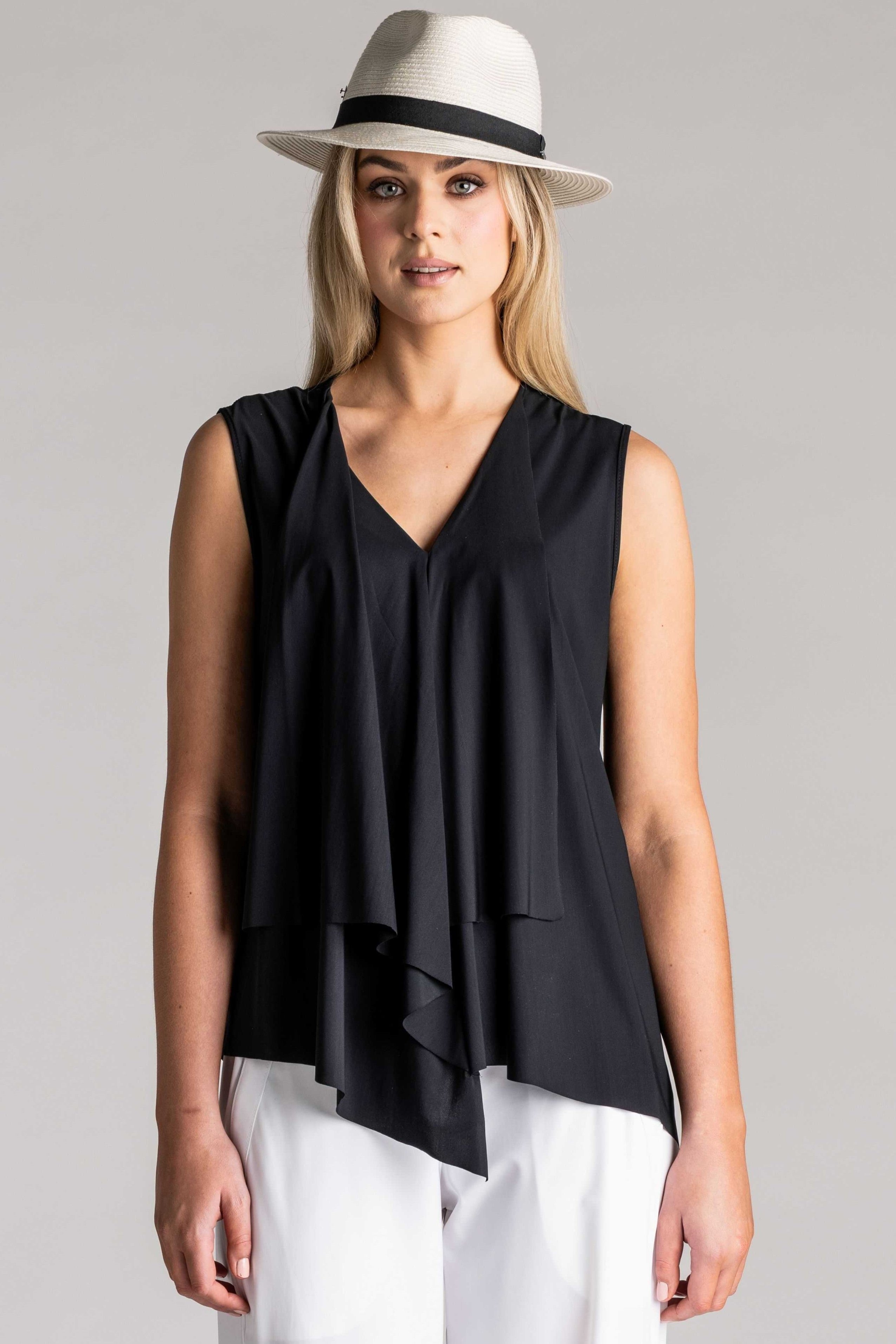 PAULA RYAN Sleeveless Drape Front Top Superfine Microjersey - Black - Paula Ryan
