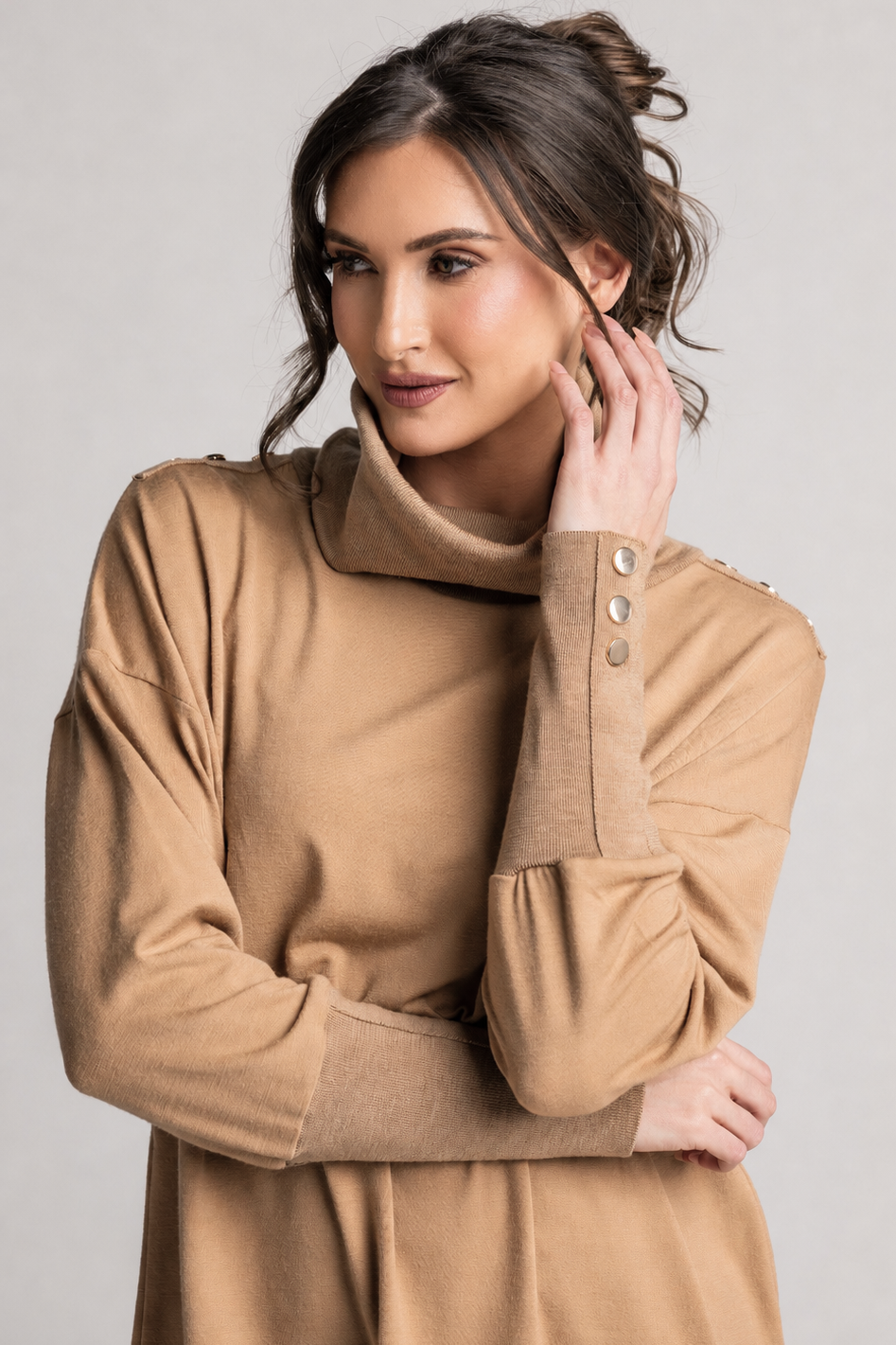 PAULA RYAN Gold Studded Roll Neck Tunic - Camel Merino