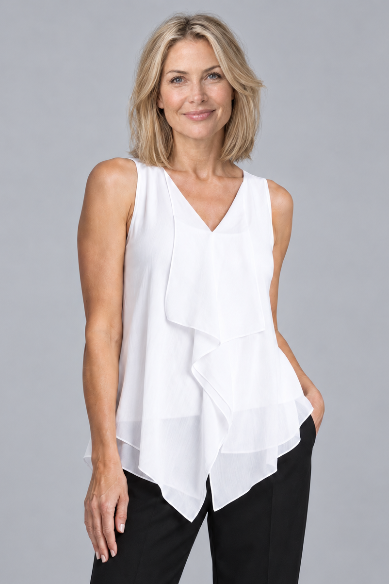 PAULA RYAN Chiffon Overlay Top - White