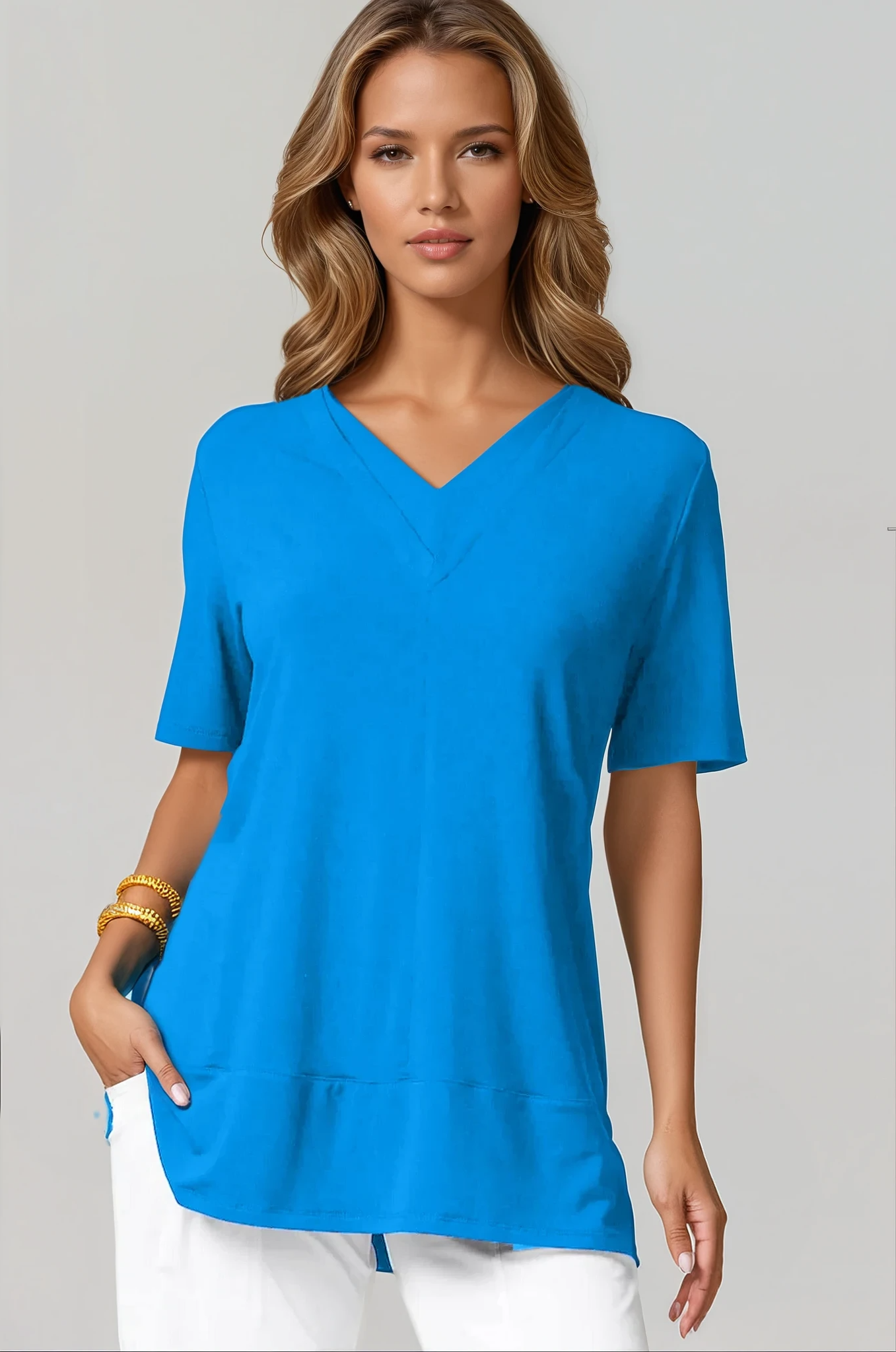 PAULA RYAN Double V Neck Top – Micromodal Tahitian Blue - Paula Ryan