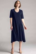 PAULA RYAN A-Line Half Sleeve Tab Dress - Navy - Microjersey - Paula Ryan