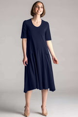 PAULA RYAN A-Line Half Sleeve Tab Dress - Navy - Microjersey