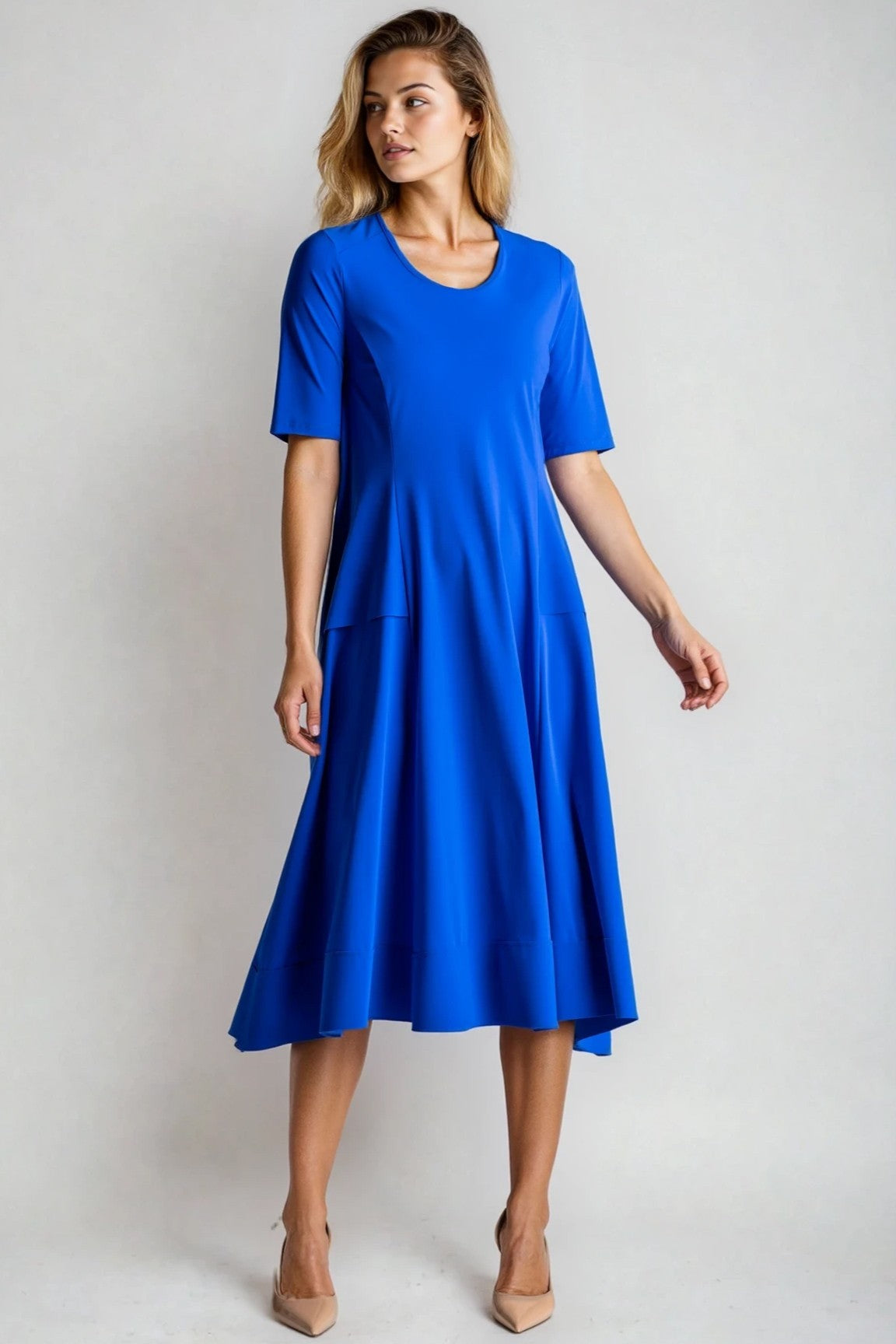 PAULA RYAN A-line Half Sleeve Tab Dress - Greek Blue Microjersey - Paula Ryan