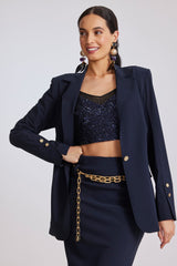 PAULA RYAN Long-line Boyfriend Jacket - Microjersey Navy