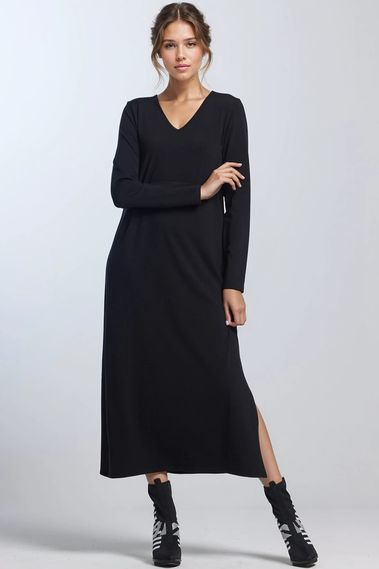PAULA RYAN V Neck Sheath Dress - Black Merino - Paula Ryan