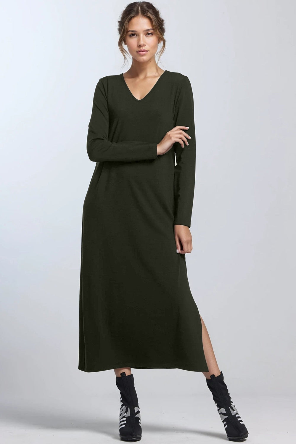 PAULA RYAN V Neck Sheath Dress - Khaki Merino