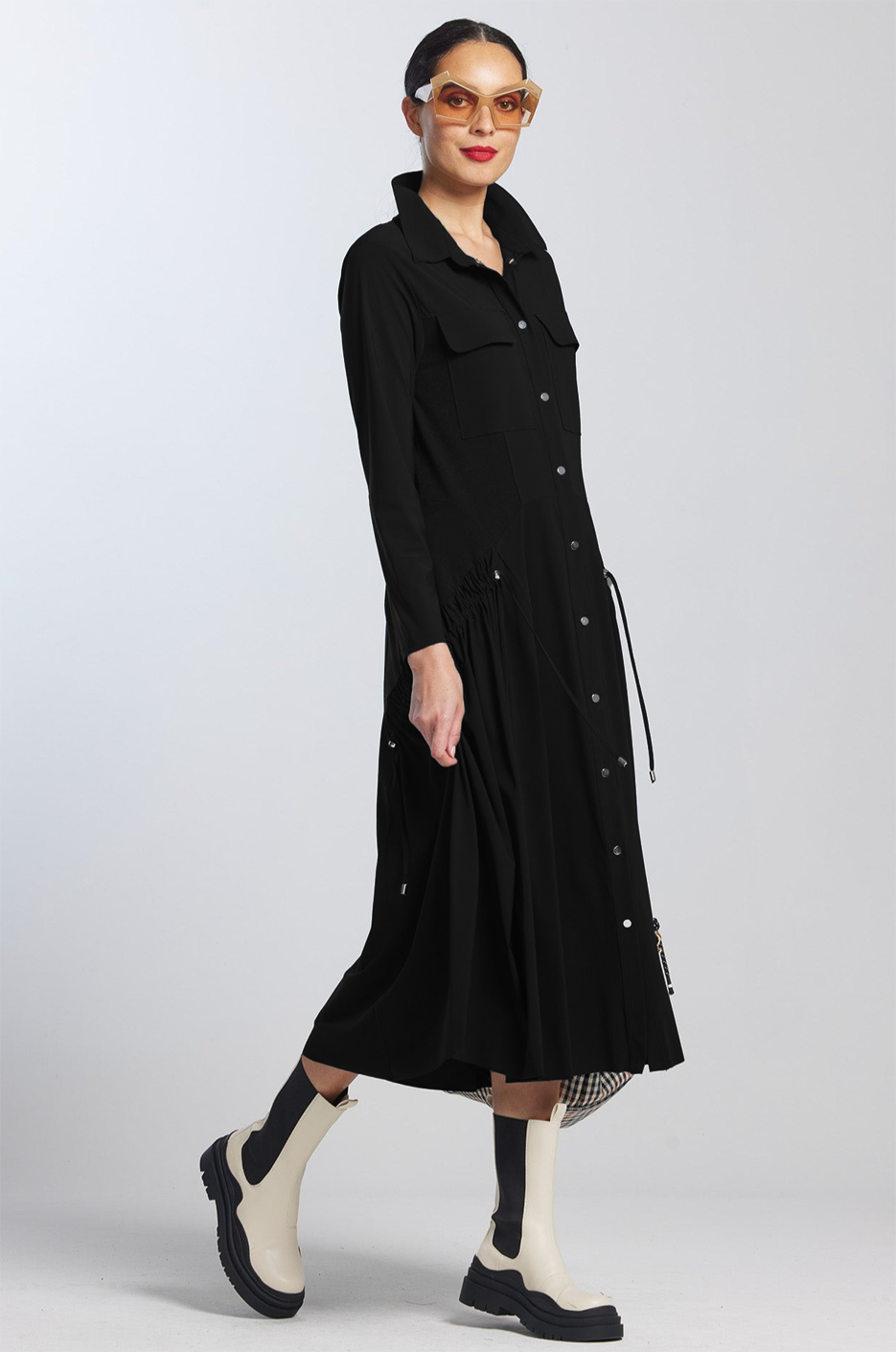 PAULA RYAN Drawcord Shirt Dress - Black Microjersey - Paula Ryan