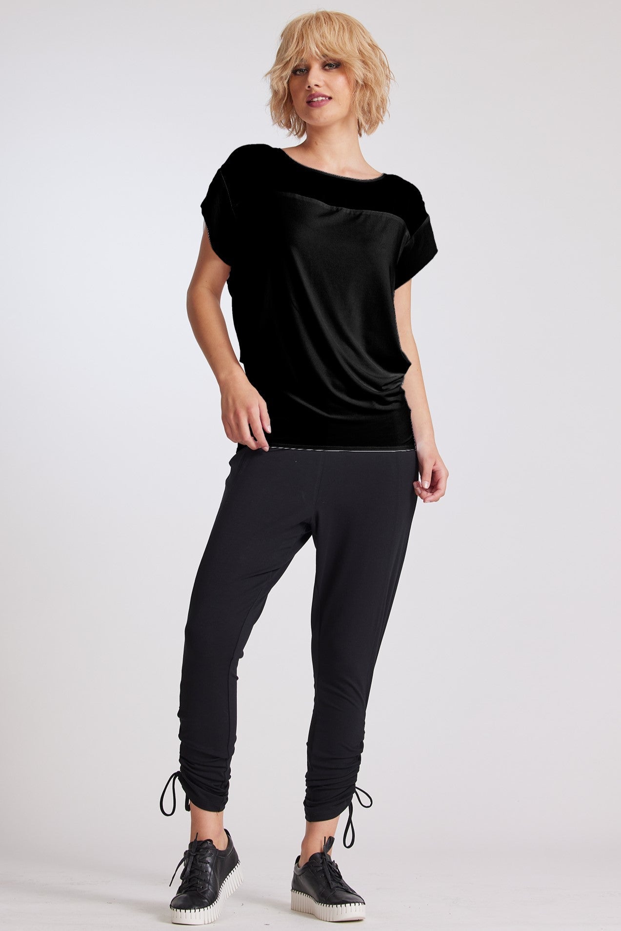 PAULA RYAN Chiffon Yoke Cuffed Top - Black - Micromodal - Paula Ryan