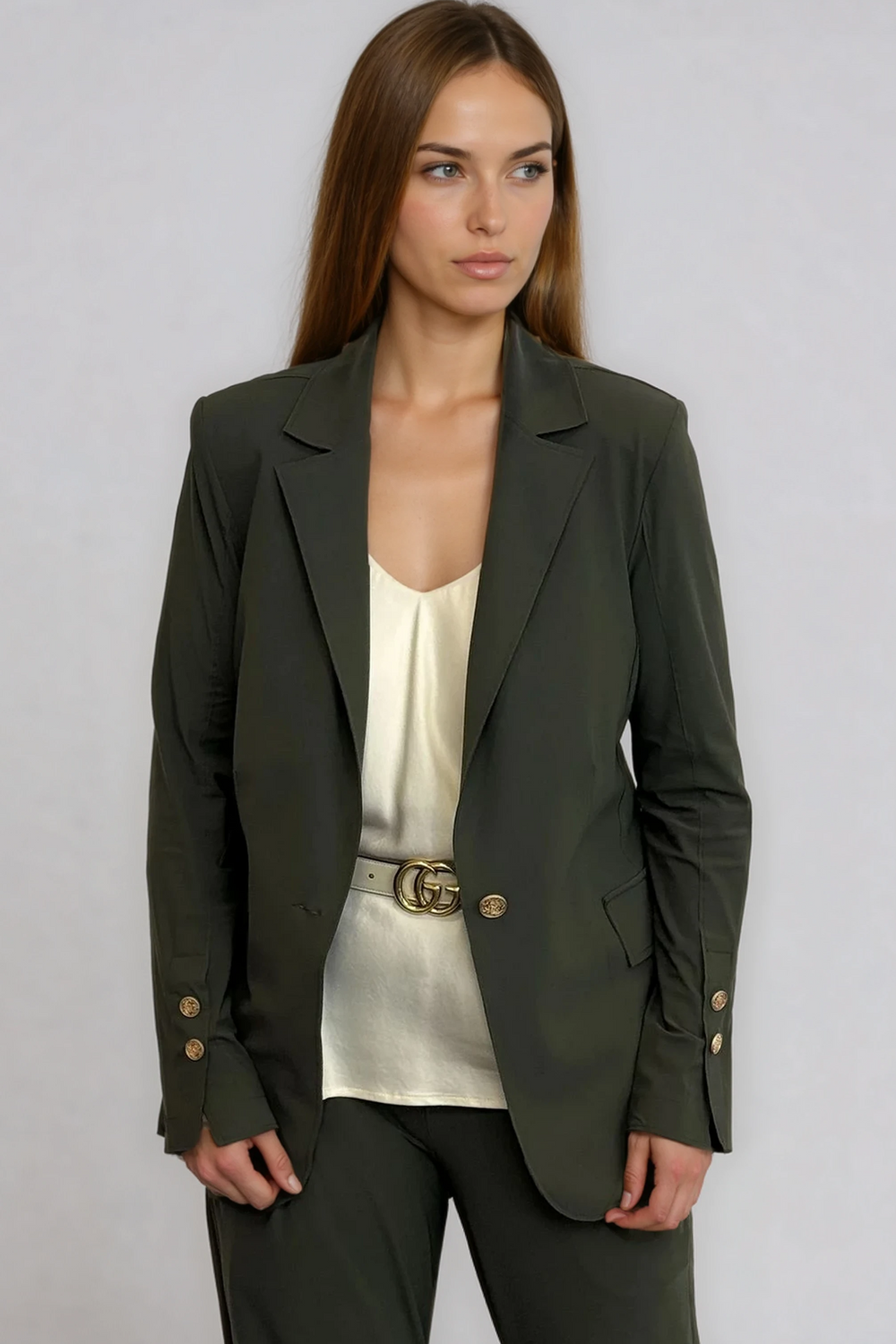 PAULA RYAN Long-line Boyfriend Jacket - Microjersey Khaki