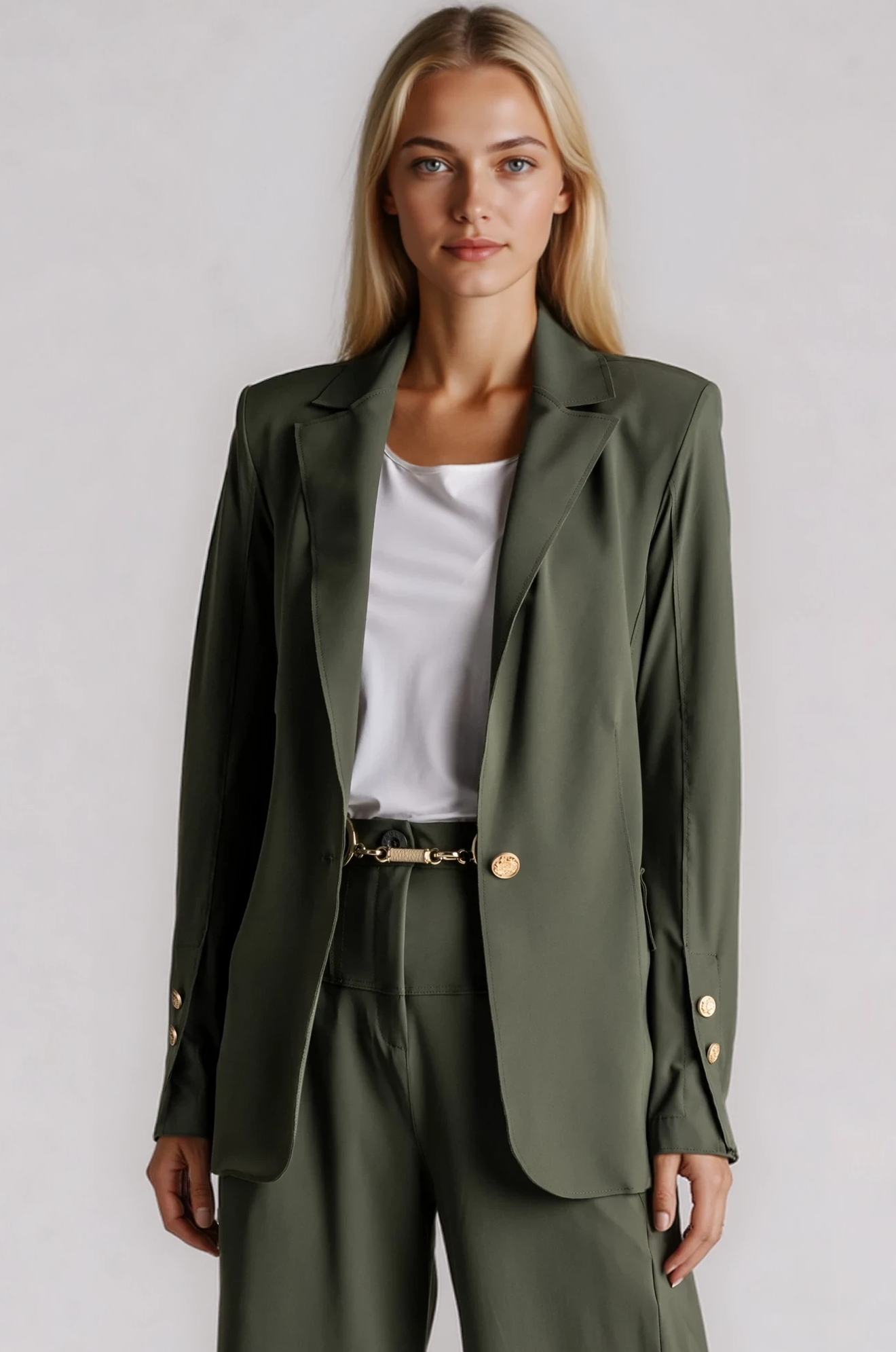 PAULA RYAN Long-line Boyfriend Jacket - Microjersey Khaki - Paula Ryan