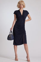 PAULA RYAN V Neck Side Rouched Dress - Black Micromodal - Paula Ryan