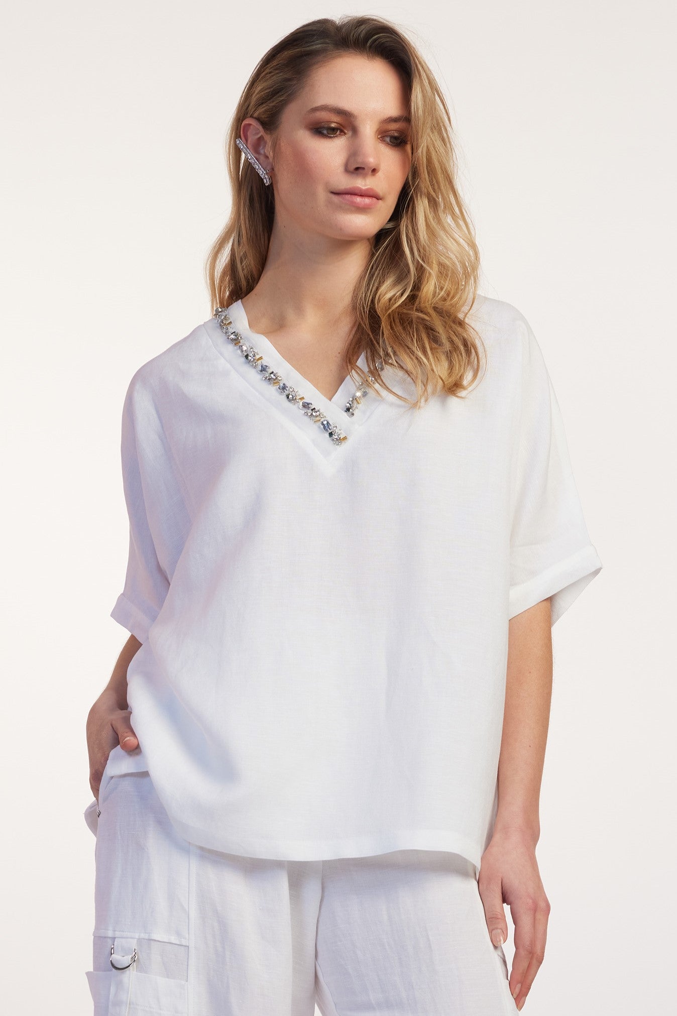 PAULA RYAN RELAXED Beaded V Neck Linen Top - White - Paula Ryan