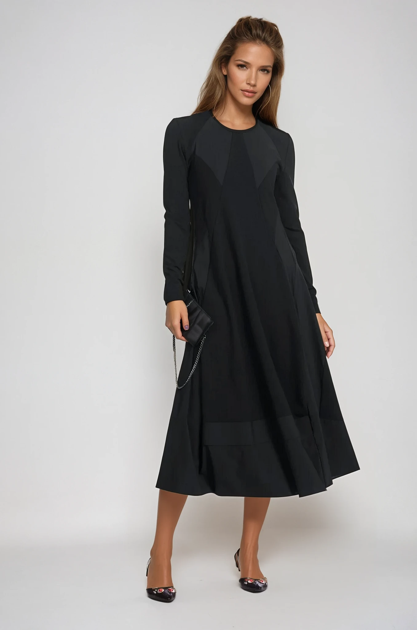 PAULA RYAN Panel Flared Crew Neck Dress Merino - Black - Paula Ryan