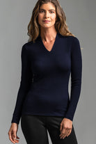 PAULA RYAN ESSENTIALS Slim Fit Long Sleeve High Neck V Top - Navy Merino - Paula Ryan
