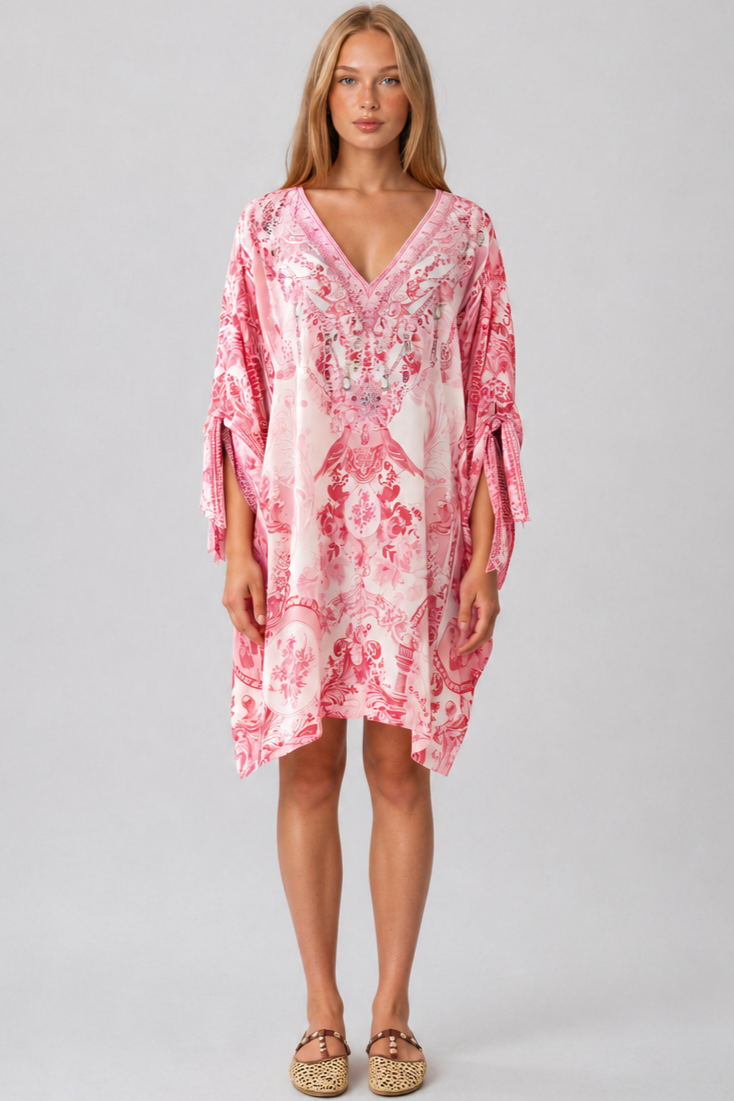 CAMILLA Tie Sleeve Short V Neck Kaftan - Livin La Vida Rosa