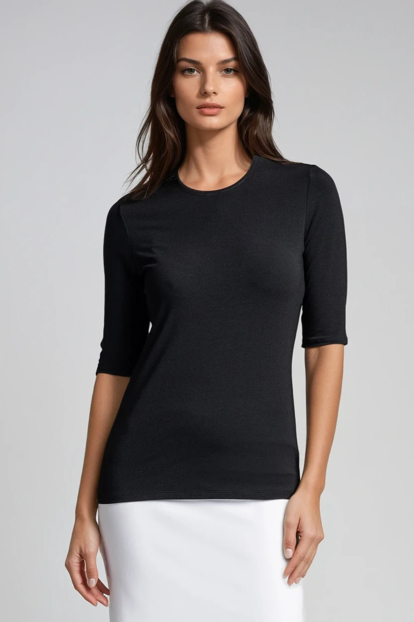 PAULA RYAN Easy Fit Half Sleeve Crew Neck Top EcoVero Black