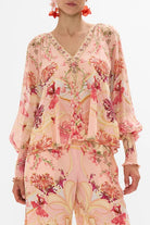 CAMILLA - Shirred Cuff Blouse Blossoms and Brushstrokes - Magpie Style