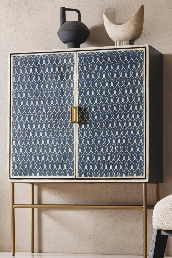 Zephyr Bone Inlay Cabinet - Navy, White & Antique Gold - Magpie Style
