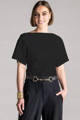 PAULA RYAN Waisted Boat Neck Top Microjersey - Black
