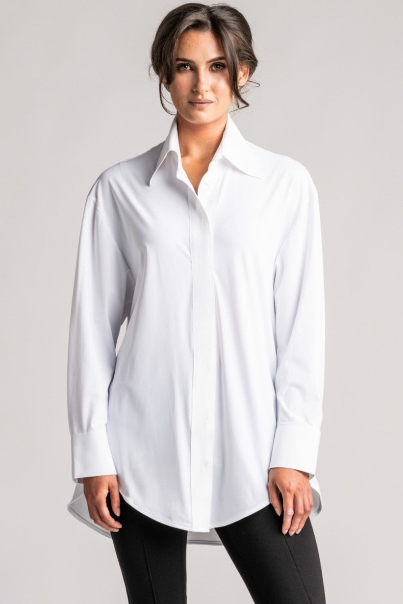 PAULA RYAN High Collar Boyfriend Shirt - Microjersey White