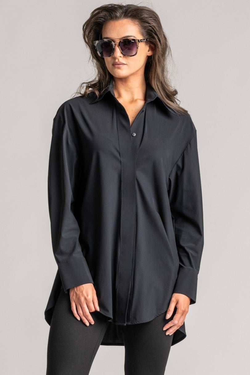 PAULA RYAN High Collar Boyfriend Shirt - Microjersey Black